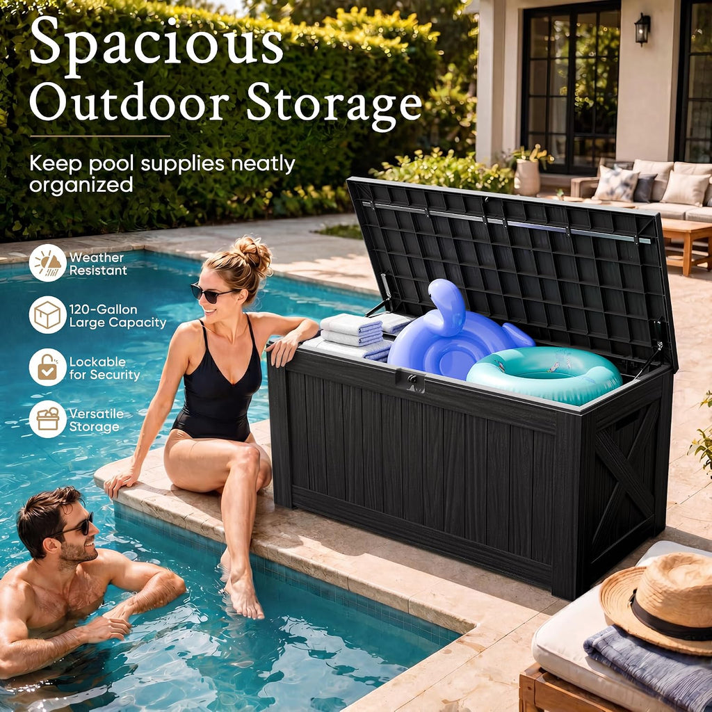 120 Gallon Deck Box Resin Outdoor Storage Box Waterproof | Large Outdoor Storage Bench Lockable for Outside Patio