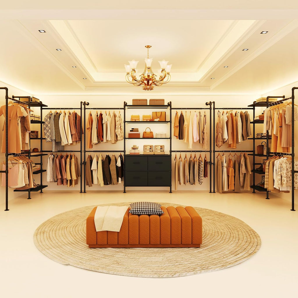 T3 Closet System with Stepless Dimmable LED Light, Industrial Pipe Clothing Rack with 4 Drawers, 6 Wooden Shelves & 4