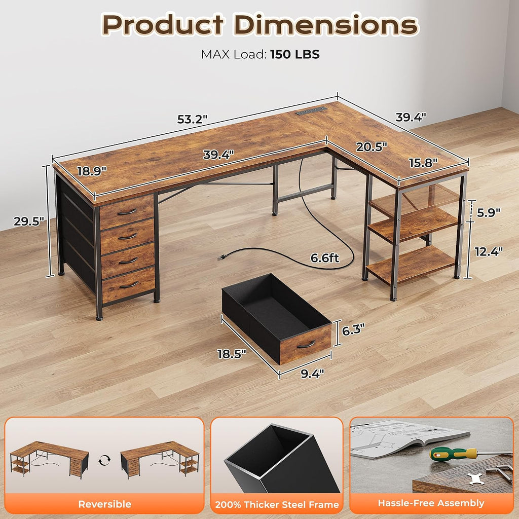 55 Inch L Shaped Desk with Fabric Drawers, Reversible Computer Gaming Desk with Power Outlets and USB-C Port