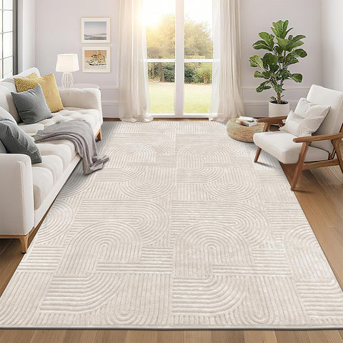 8x10 Washable Solid Color Area Rug, Soft Fluffy Non-Slip Carpet for Bedroom Dining Room Beige