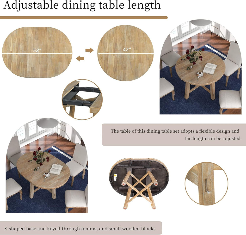 Farmhouse Round Extendable Dining Table with 16" Leaf Wood Kitchen Table (Natural Wood Wash)