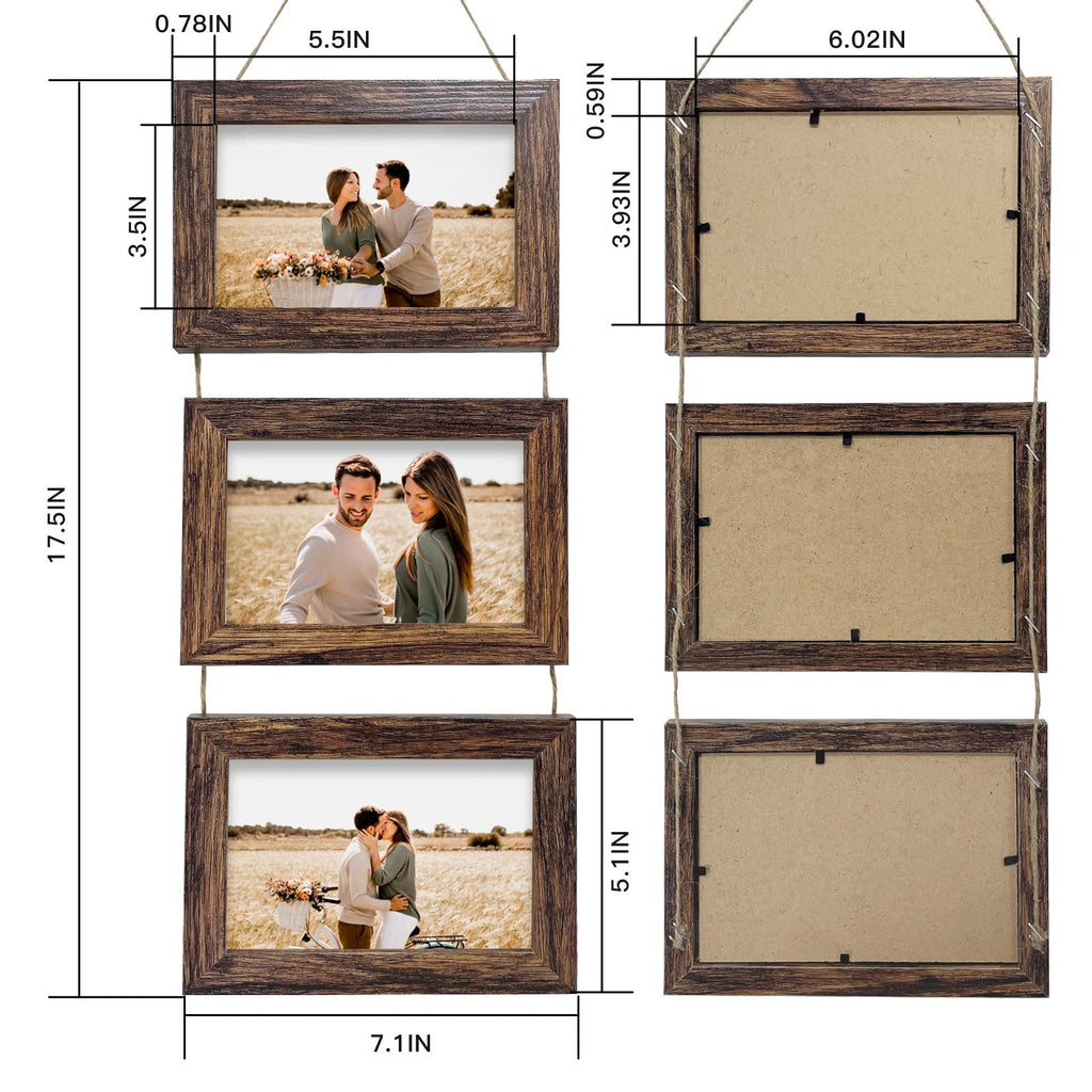 5x7 Wall Hanging Picture Frames Collage with 3 Opening Rustic Brown Frames 2 Pack