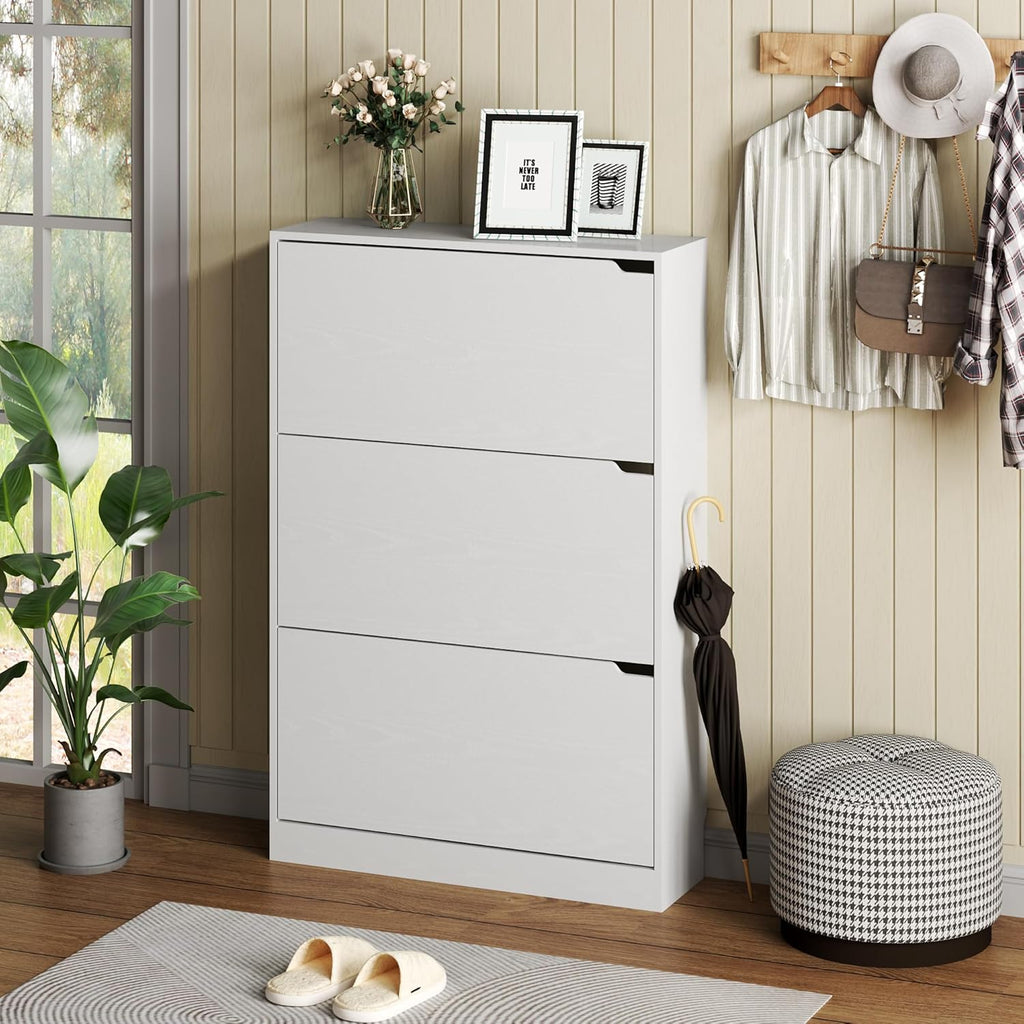 Shoe Cabinet with 3 Flip Drawers, Hidden Wood Shoe Cabinet,Freestanding Shoe Storage Cabinet Hallway.White. 47.2"