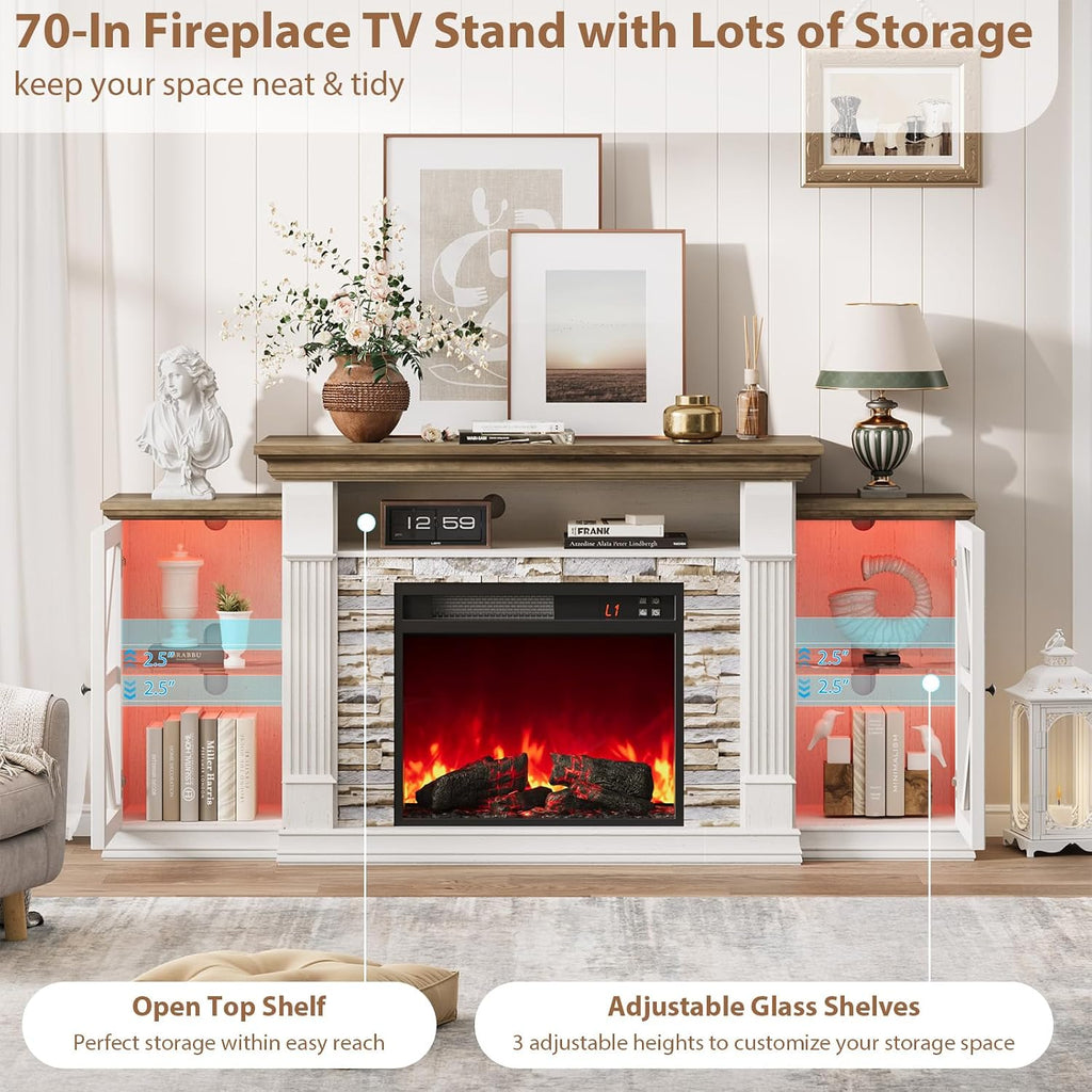 Electric Fireplace TV Stand, 70" Farmhouse Entertainment Center with Open Shelf and Glass Barn Door Cabniet, Modern