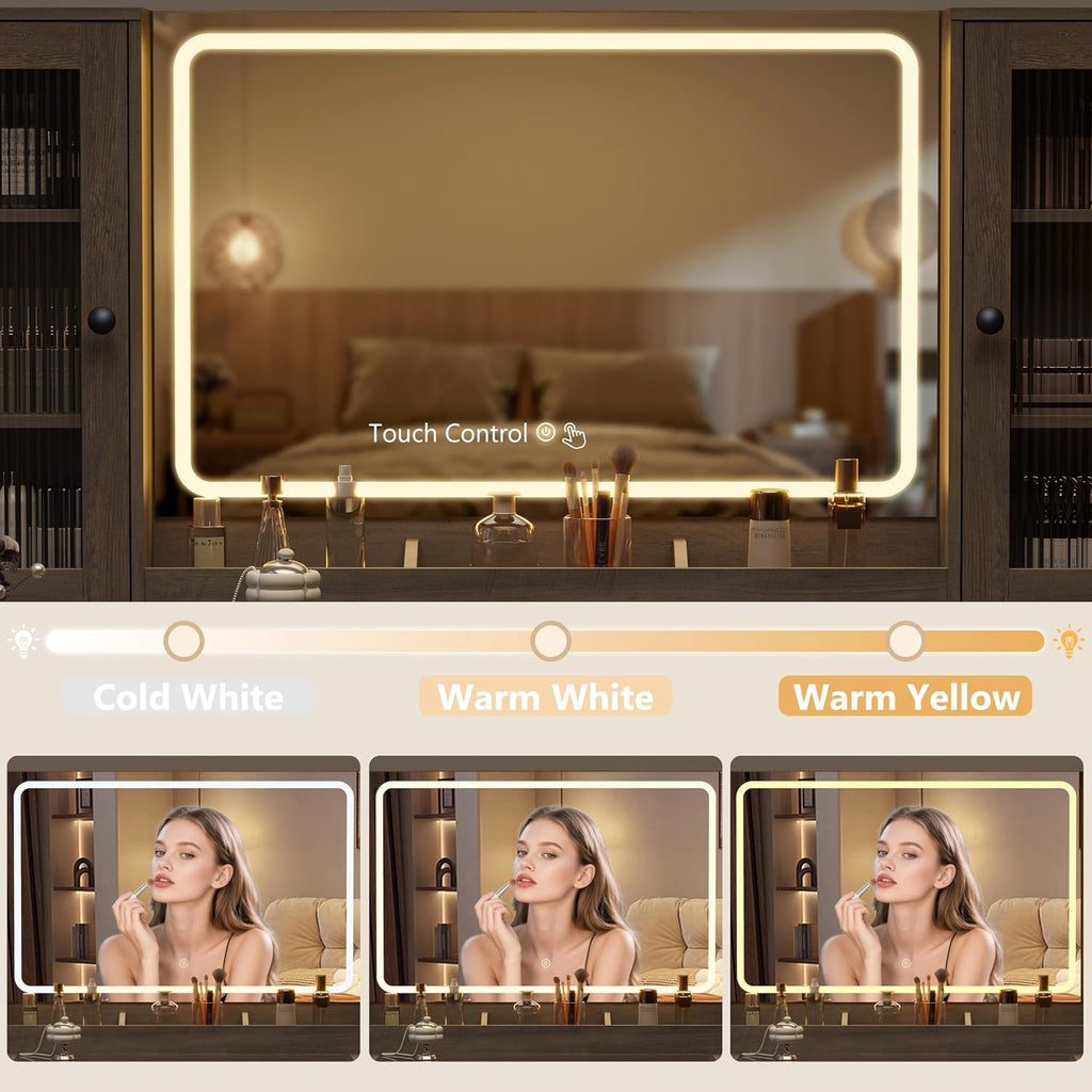 Fluted Makeup Vanity Desk with Mirror and Lights, 55" Glass Top Vanity with 8 Drawers & 4 RGB Glass Cabinets