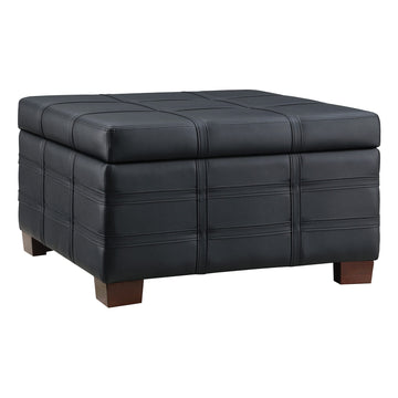 OSP Home Furnishings Detour Strap Square Storage Ottoman with Sliding Tray and Hinged Lid, Black Faux Leather