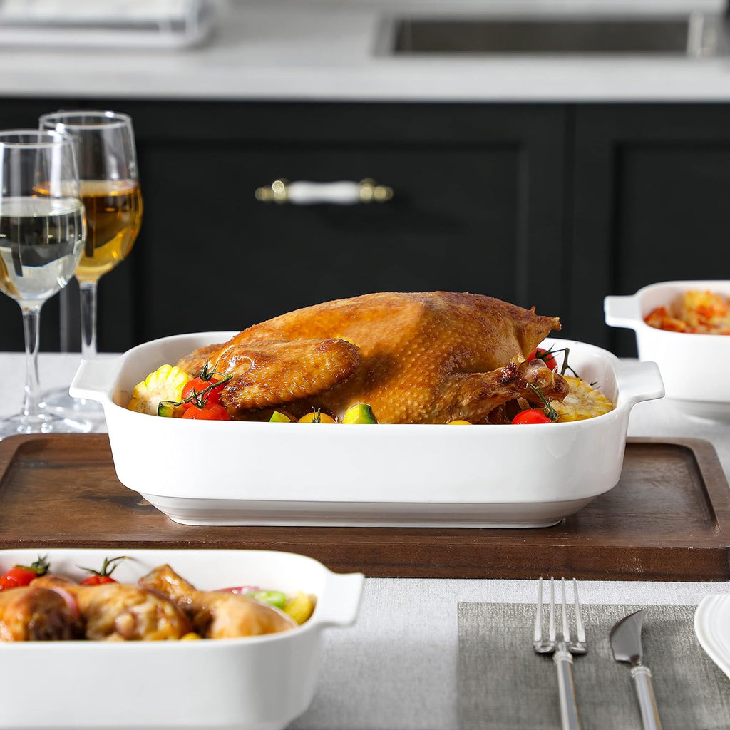 Ceramic Casserole Dishes Set of 3,White Dish for Oven,9x13 | Rectangular Deep Lasagna Pans with Handles, Stackable