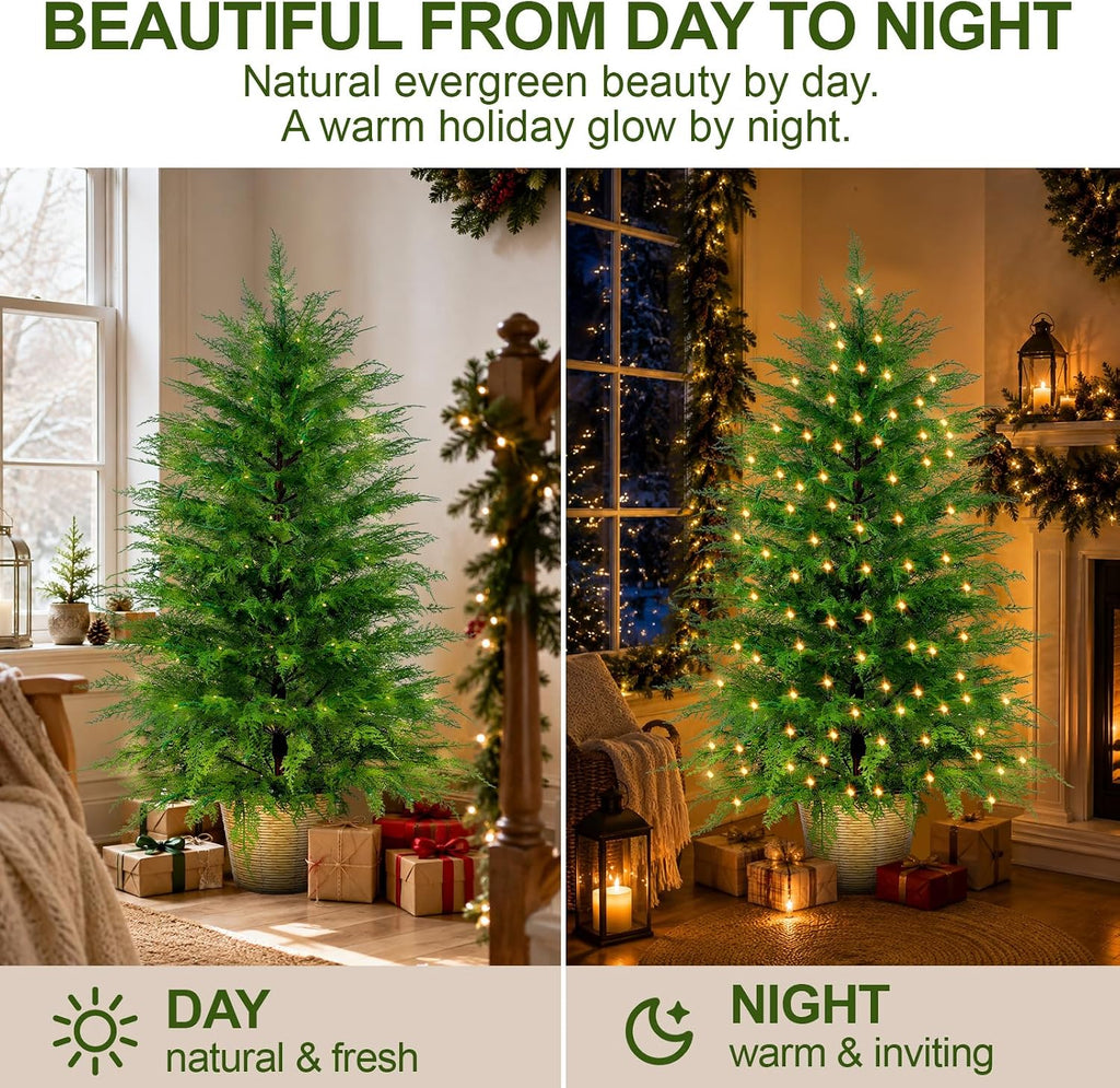 Prelit Artificial Cedar Christmas Tree with Lights Plug in Power, 3 to 5 ft, Faux Cedar Potted Christmas Tree in Decorative