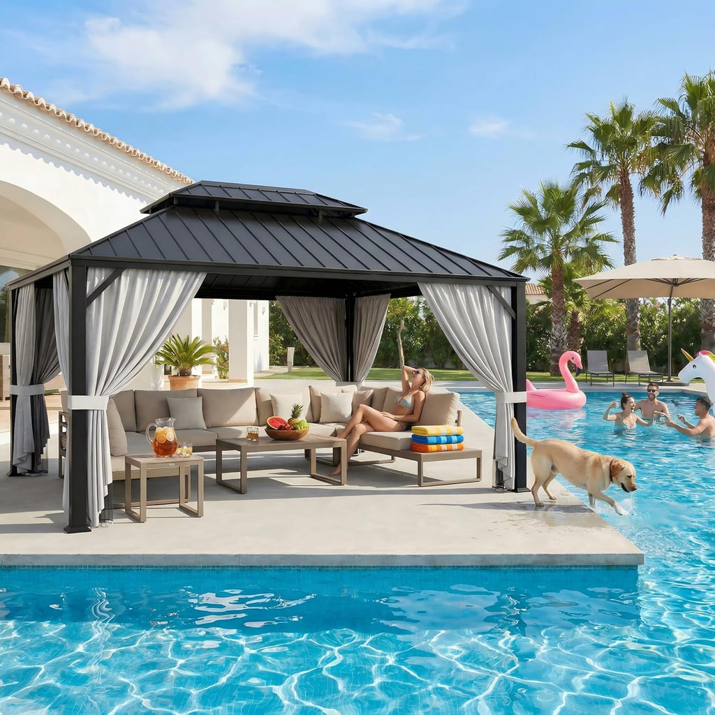 16'x12' Hardtop Gazebo, Update Aluminum Frame Gazebo with Galvanized Steel Double Roof