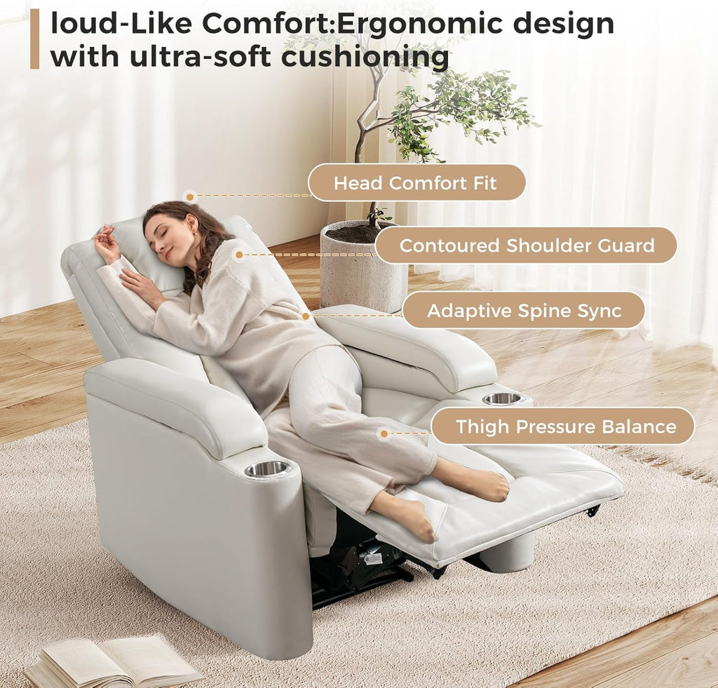 ANJ White Power Recliner Chair Electric Home Theater Seating Soft Leather Movie Chair for Living Room Overstuffed