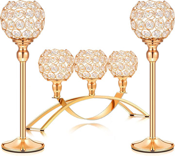 Set of 3 Pieces Gold Crystal Candle Holders, Tealight Candlestick Candelabra Stand with 3 Arms, Decorative Table