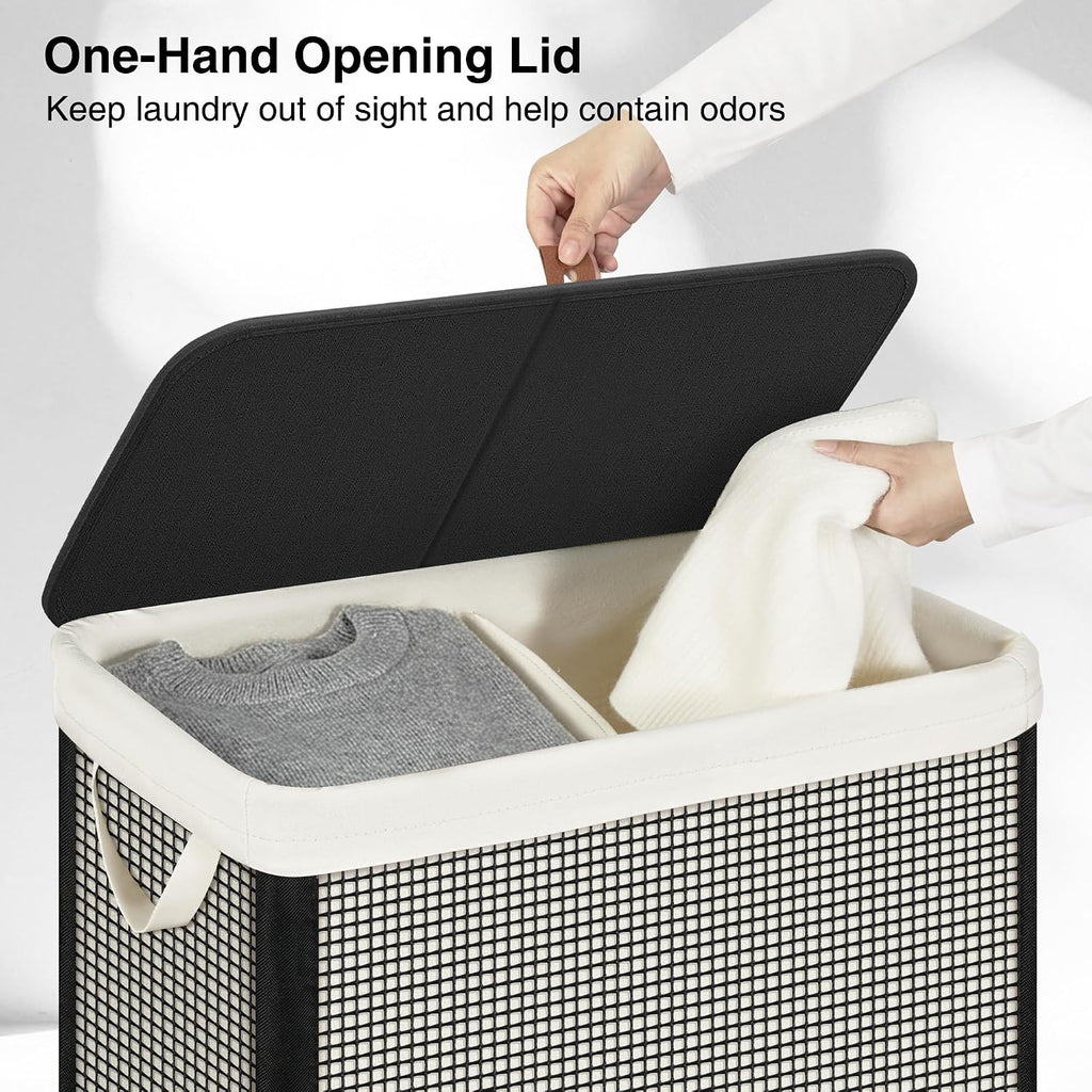 Double Laundry Hamper with Lid, 140L Large 2 Section Laundry Sorter, Laundry Basket with Removable Washable Canvas