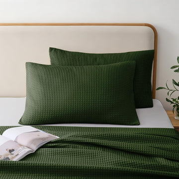 100% Cotton Waffle Pillow Shams King Size Set of 2, Green, 20" x 36"