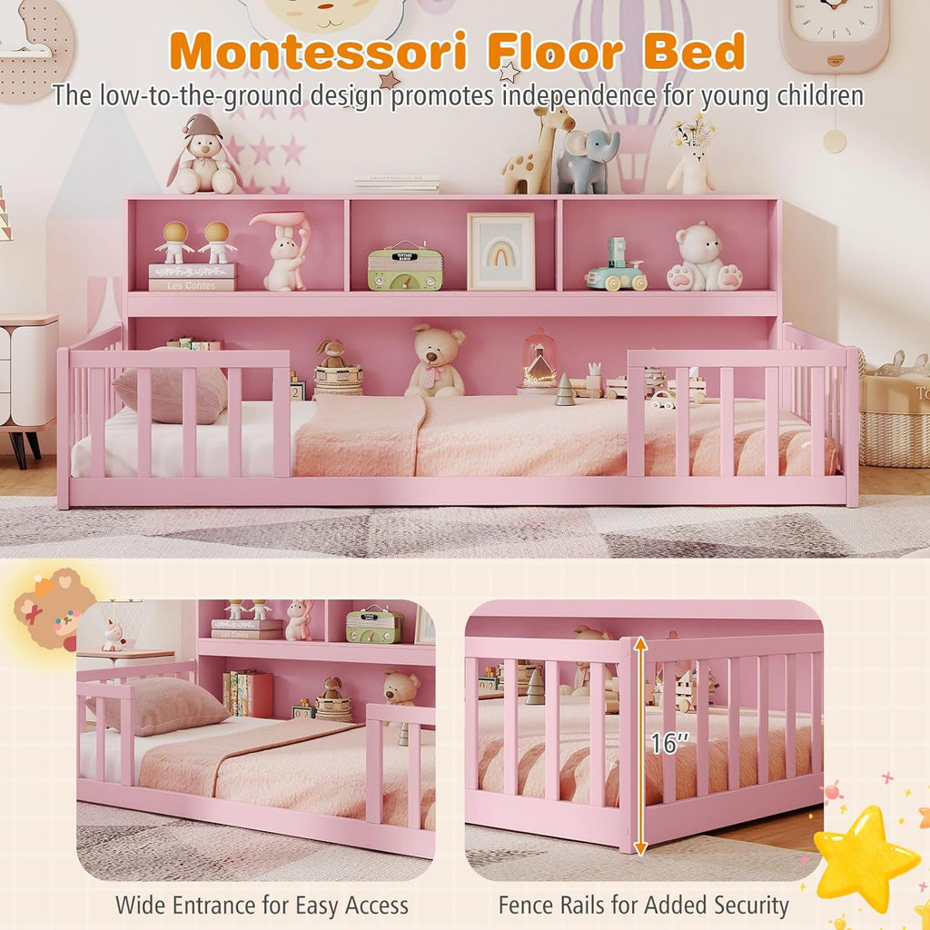 Twin Floor Bed for Kids, Wooden Montessori Bed Frame with Bookcase, Storage Shelves & Safety Fence Rails, Floor Beds