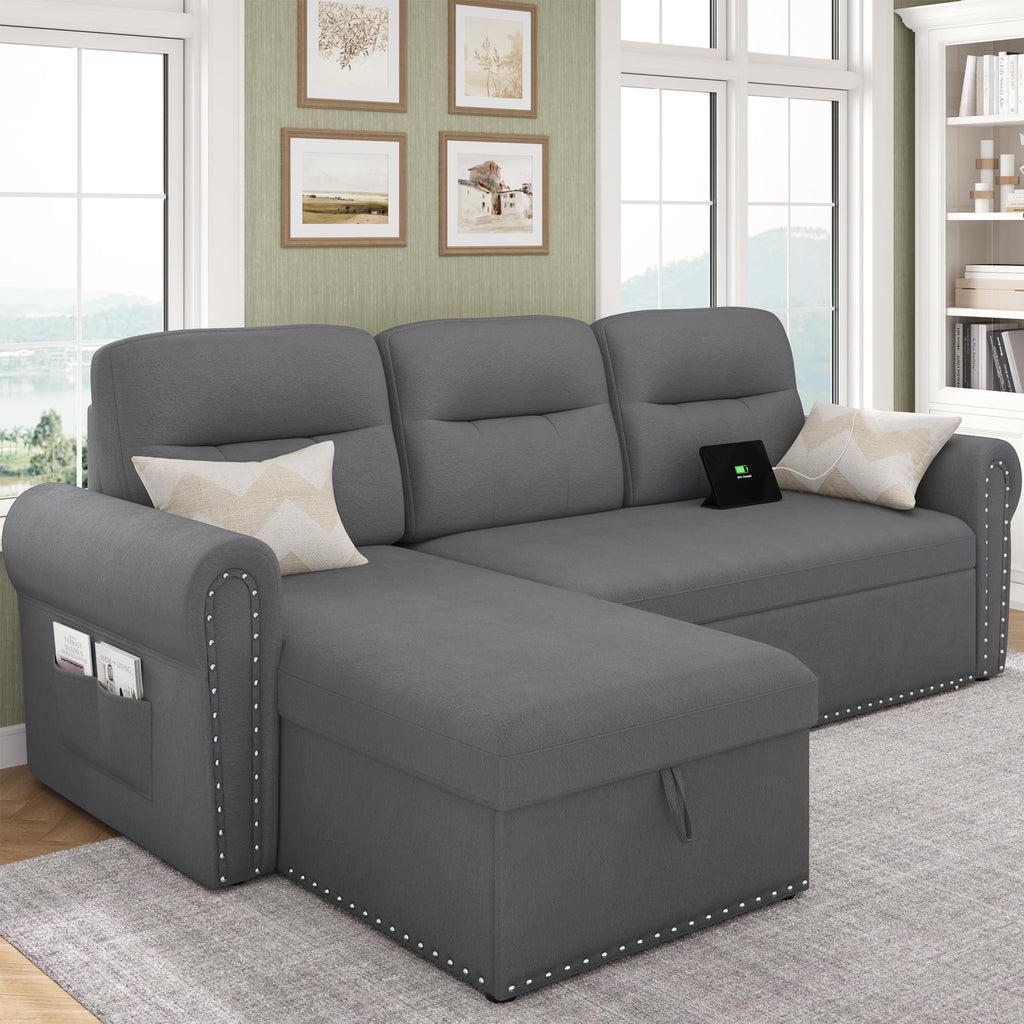 Sleeper Sofa Bed, 83'' Sectional Couch with Reversible Storage Chaise & Nailhead Armrest, Pull Out Couches, Side