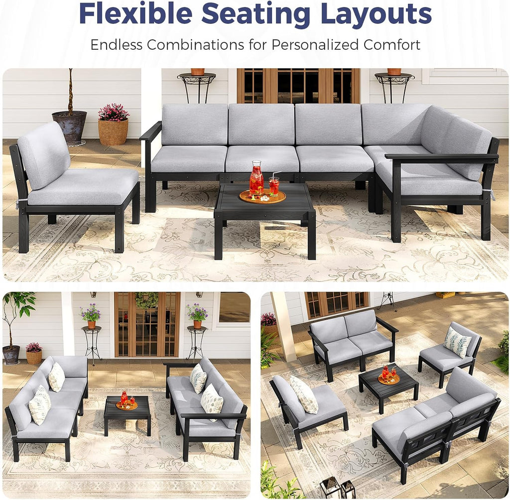 Modular Outdoor Patio Conversation Set, 7-Piece L-Shaped Sectional Sofa Set with Coffee Tables & Thick Cushions, Easy