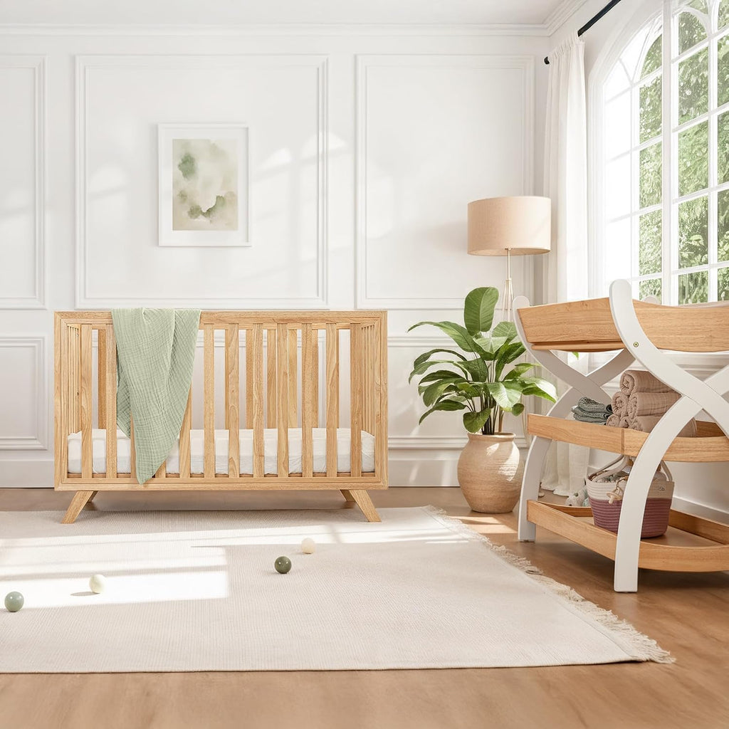 Crib for 0 to 3 Years - Adjustable Mattress Height, Natural Wooden Crib for Baby, Elegant Nursery Furniture, Designed