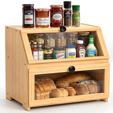 Bamboo Countertop, Large Bread Storage Container Bin 2 Layer Breadbox Holder Counter, Cabinet, Pantry, Cupboard
