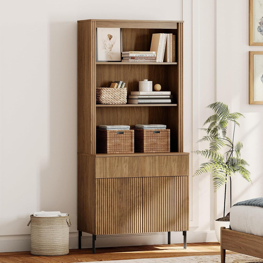 Modern 71.5" Tall Bookcase with 2 Doors & 1 Drawers, Fluted Bookcase with Storage and Adjustable Shelves, Wooden