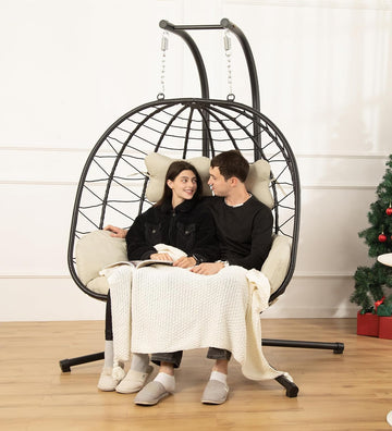 Double Egg Chair with Stand Hammock Swing Chair Foldable Hanging Loveseat, UV Resistant Removable Cushions, 700LBS
