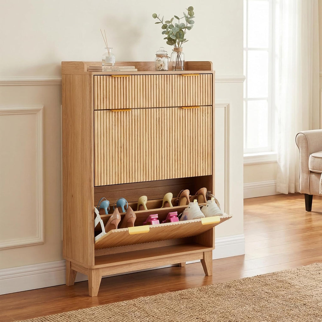 Wood Fluted Shoe Organizer - Slim Shoe Cabinet with 2 Flip Drawers & 1 Drawer, Narrow Shoe Cabinet with Adjustable