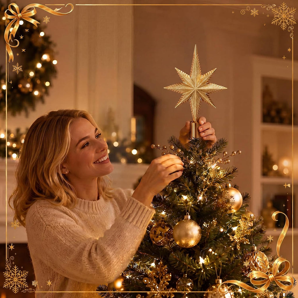 Christmas Bethlehem Star Tree Topper 8 Inch Gold Glitter