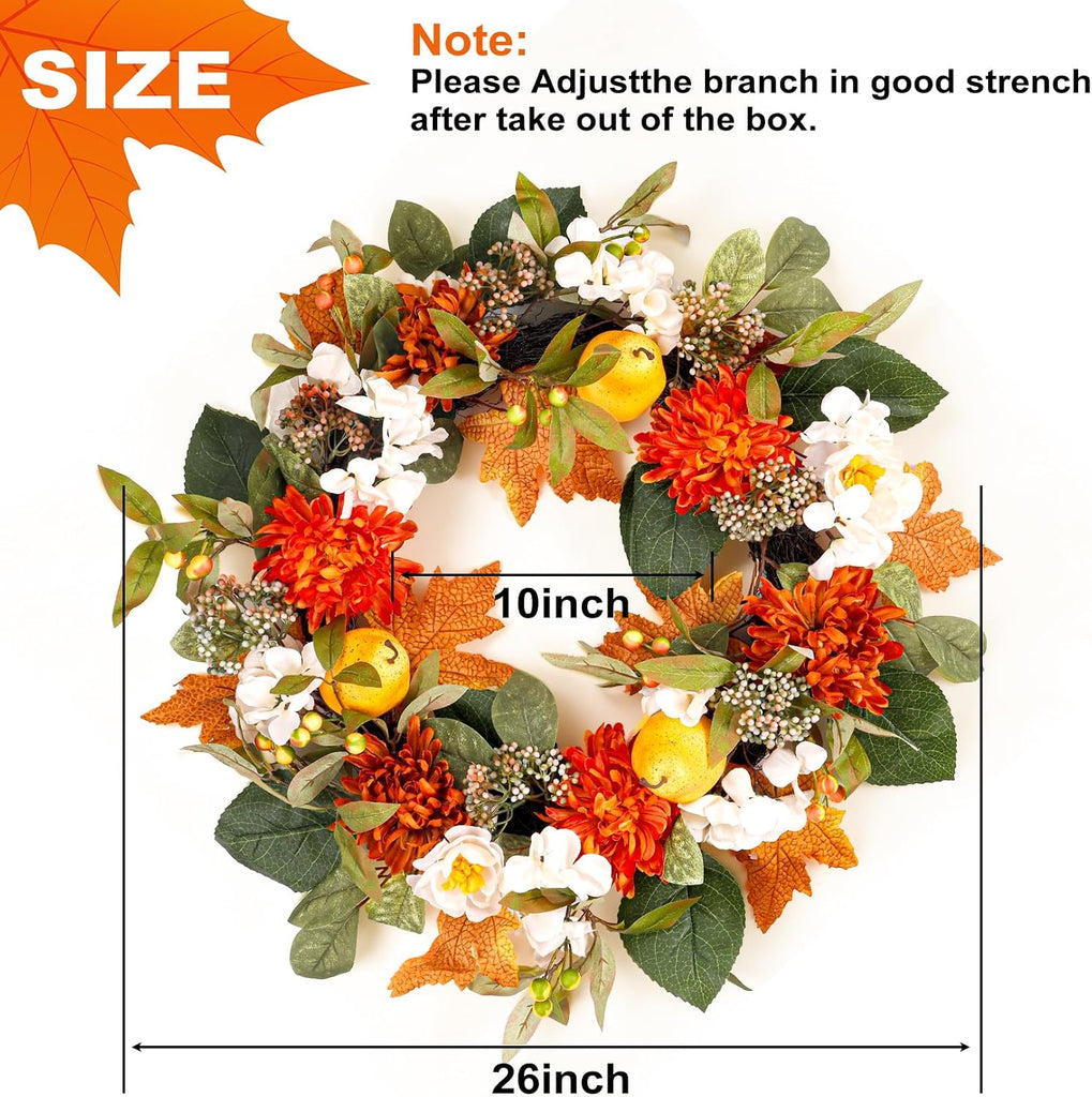 26" Fall Wreath for Front Door, Artificial Large Harvest Fall Wreath