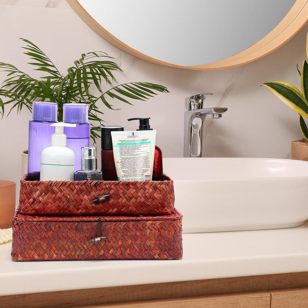 Set of 4 Seagrass Basket with Lid Wicker Storage Basket Decorative Storage Boxes with Lids Flat Storage Bins Woven