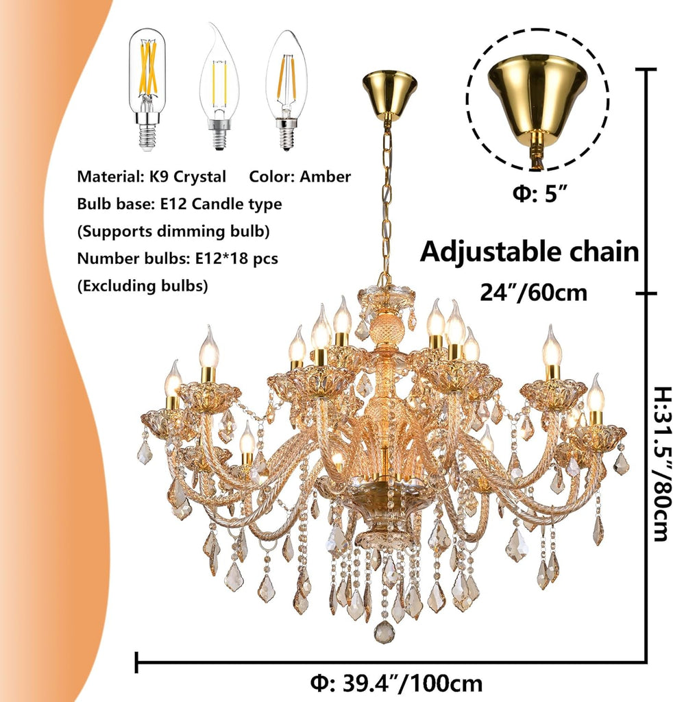 18-Light Crystal Chandeliers Luxurious K9 Crystal Candle Pendant Lamp Ceiling Lighting for Dining Living Room Bedroom Hallway Entry (18 Lights)