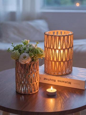 Rattan Boho Hurricane Lanterns: Set of 2 Pillar Candle Holders with Glass Cylinders- Farmhouse Vases Coffee Table