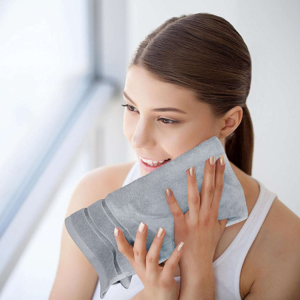 8 Piece Luxury Towel Set, 600 GSM, Viscose Stripe, Cool Grey | 600 GSM Ring Spun Cotton Towels with Viscose Stripe