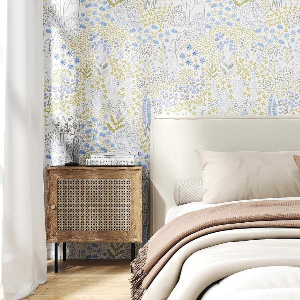 Boho Floral Peel and Stick Wallpaper, Wildflower Patchwork Removable Self Adhesive Wallpaper, Neutral Botanical Vinyl