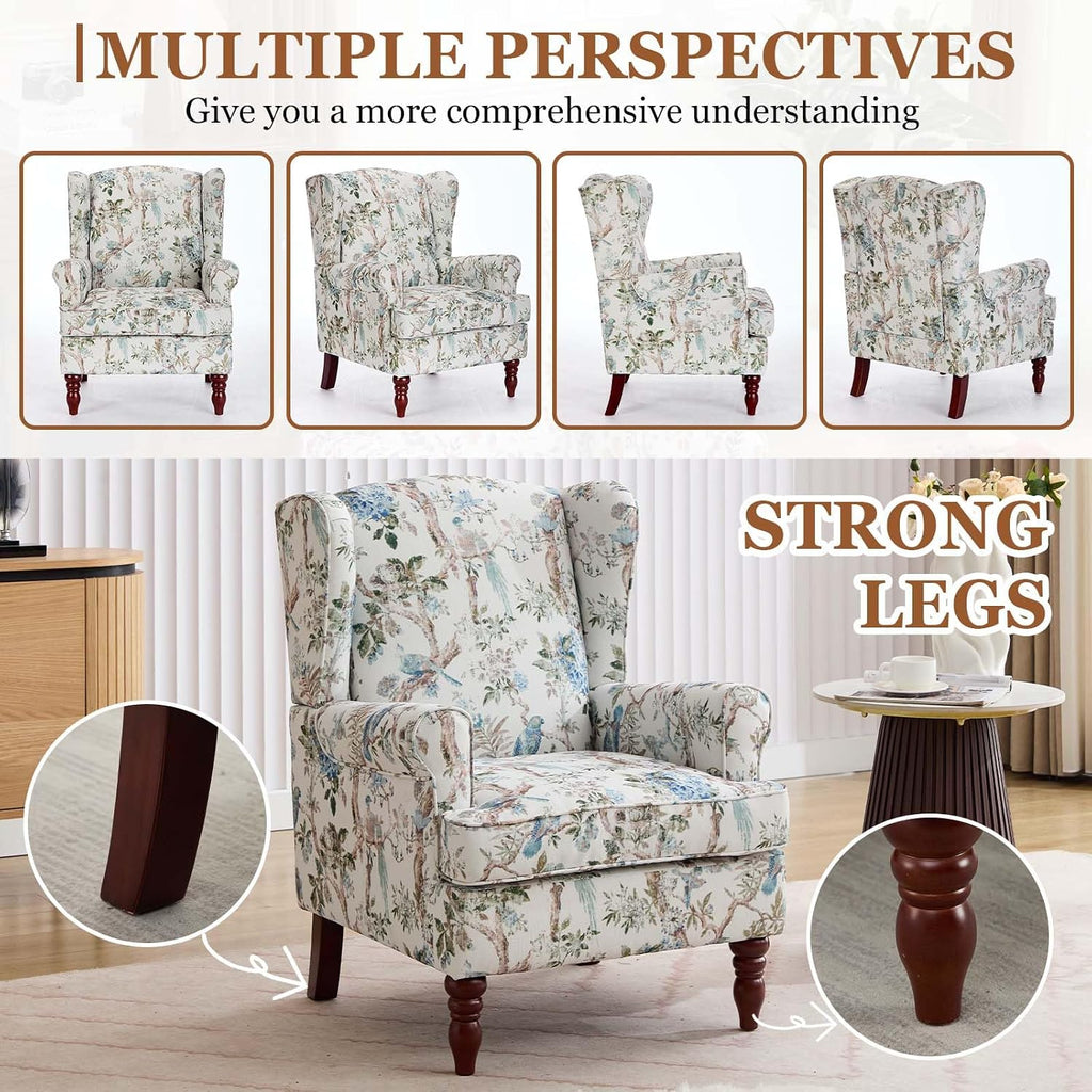 Wingback Chair with Arms (Floral Bird, A) | Floral Accent Chair|Occasional Side Chair with Tall Back|Ticken Seat