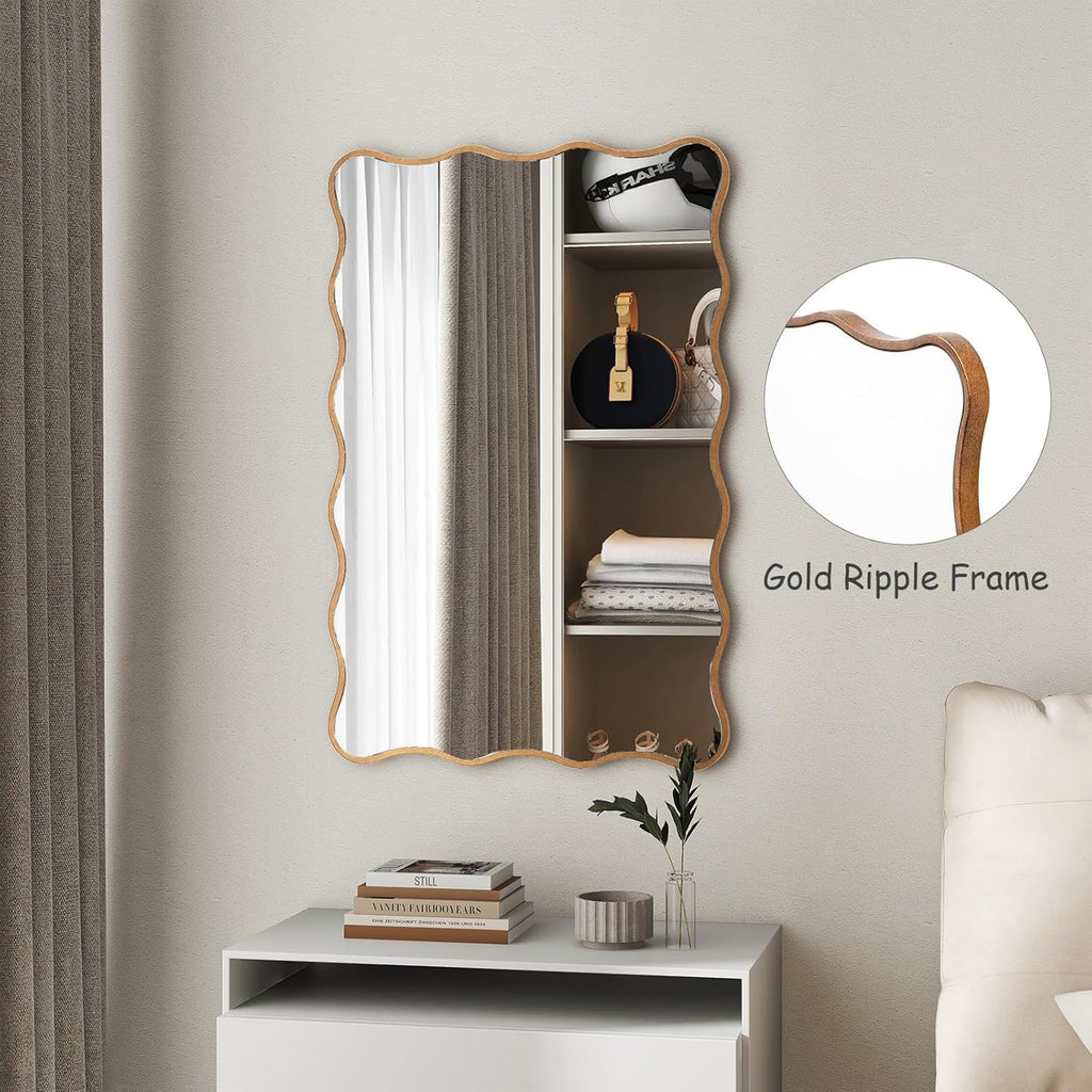Wall Mirror Decorative, Antique Mirror Gold Wavy Mirrors 20x30” Irregular Mirrors Asymmetrical Ripple Wall Mirrors