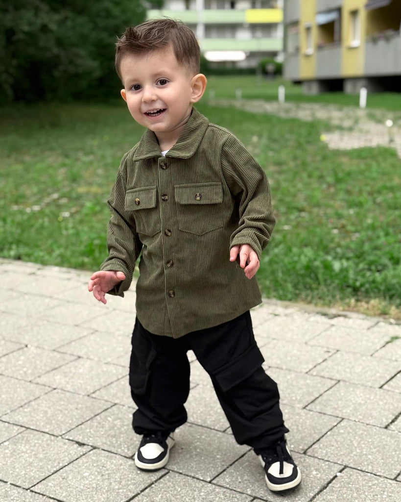 Toddler Boy Fall Clothes Corduroy Long Sleeve Button Down Lapel Collared Shacket Jacket White T-shirt Cargo Pants