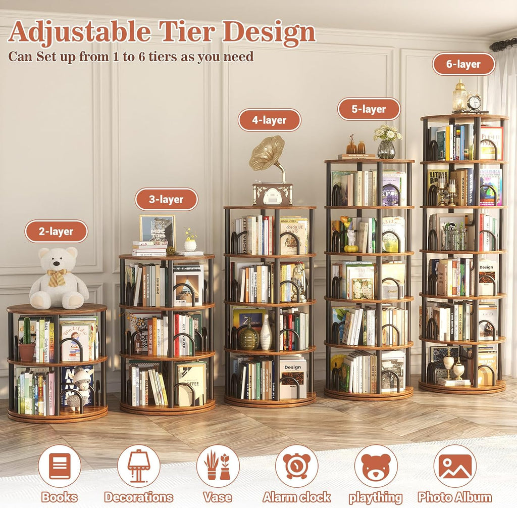 6 Tier Rotating Bookshelf Tower, Revolving Bookcase, 360° Round Spinning Book Shelf