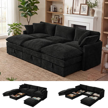 Modular Sectional Sofa Bed with Storage Ottomans, 103" Cloud Couch, 6-Seater Comfy Modern Couches with Pillows &