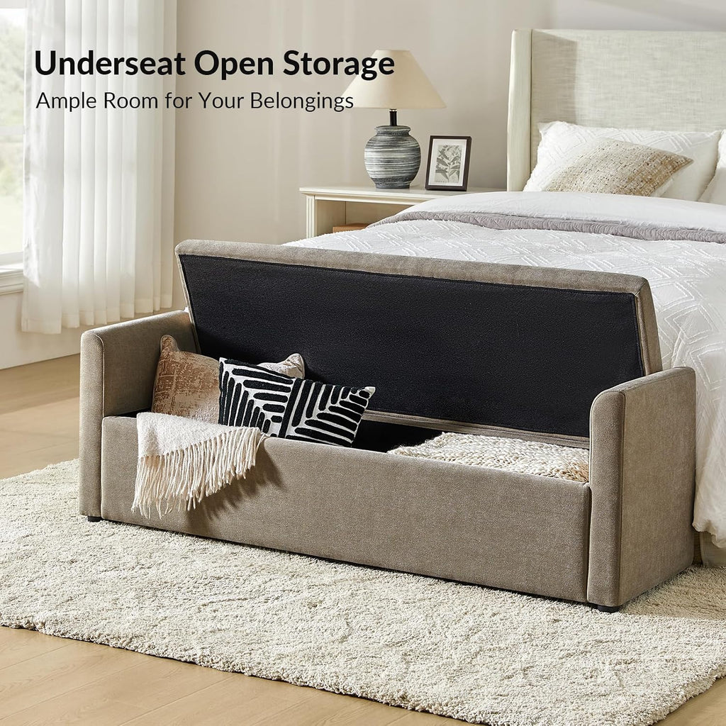 59" Storage Bench with 2 Throw Pillows & Armrests, Brown | Modern Long Bedroom Bench for End of Bed, Comfy