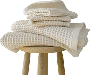 Natural 100% Turkish Cotton Waffle Towels Set (4-Piece) | Raw-Undyed, Large Size 2 Hand & 2 Bath Towel Quick-Dry Soft