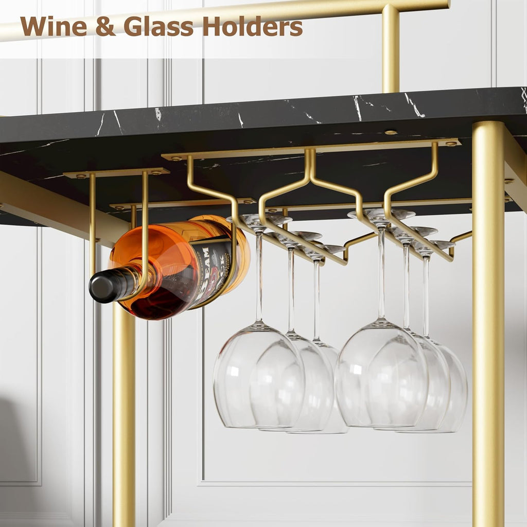Modern 3-Tier Bar Cart with Wine Rack & Glass Holder | Rolling Serving Cart , Dining, Living Room, Black Marble