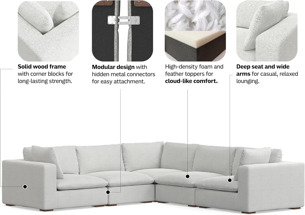 Jasmine Corner Sectional Modular Sofa in Performance Fabric, Cloud Grey, 125-inches Wide, Handcrafted