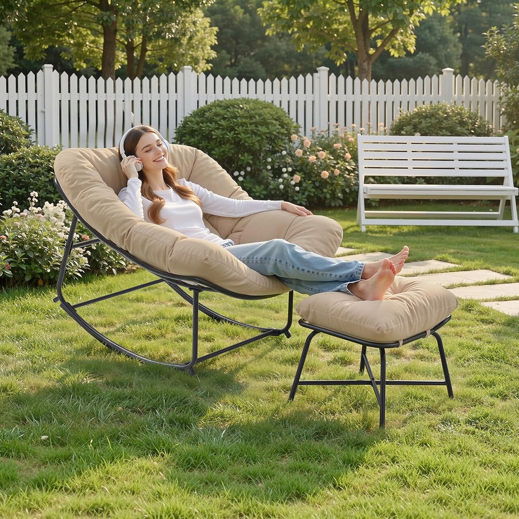 Outdoor Rocking Chairs with Ottoman, Papasan Rocking Chair, Beige | Oversized Lounge Rocker with Padded Cushions
