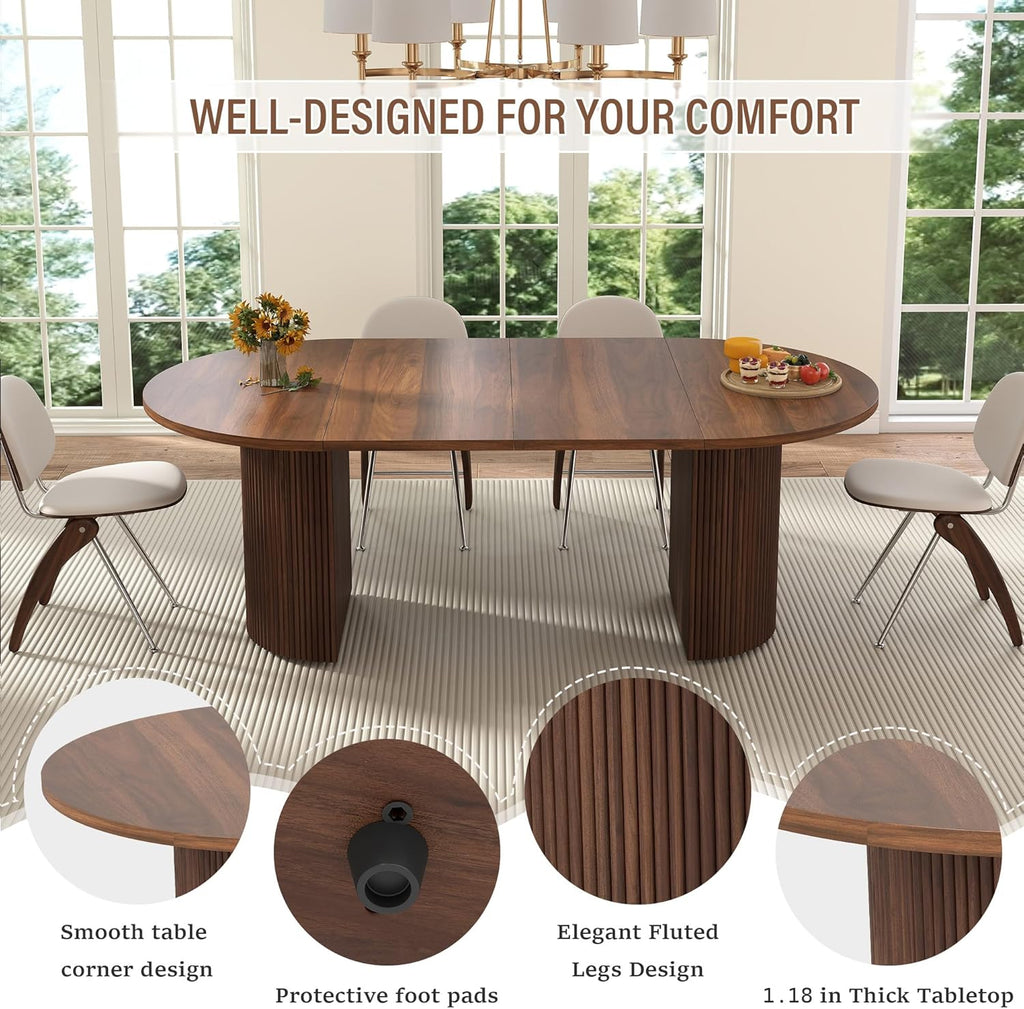 41 in-78 in Extendable Dining Room Table for 4-8, Round Expandable Kitchen Table with Fluted Base, Modern Farmhouse