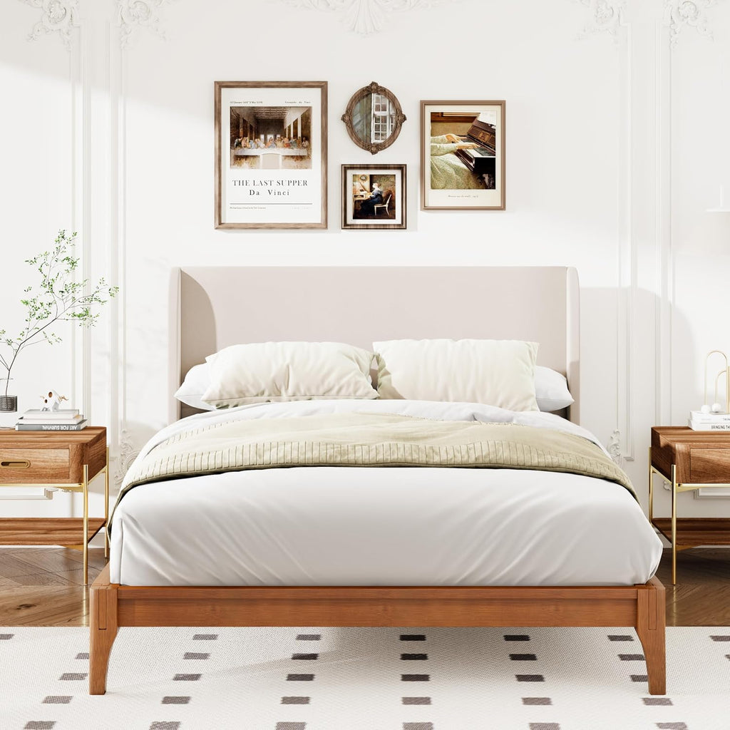 Queen Wingback High Headboard, Upholstered Linen Fabric Headboard, Bamboo Wood, Easy Assembly, 48''H, Tan