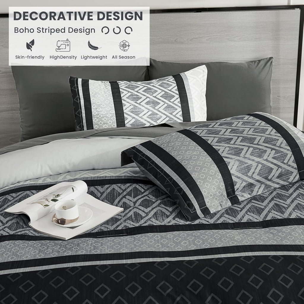 Boho Comforter Set King,Black Gray Striped Bed in a Bag - Set of 7
