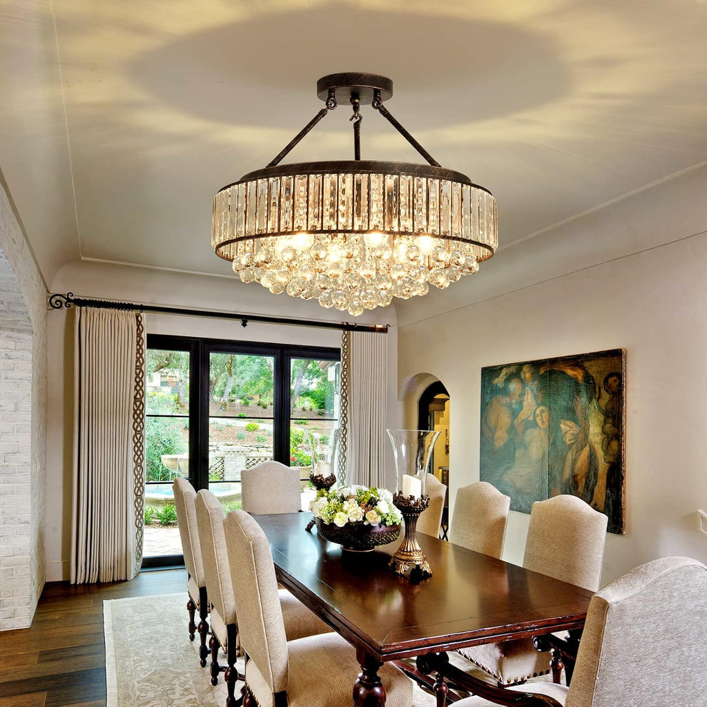 6 Light Modern Crystal Oil Rubbed Bronze Metal Semi Flush Mount Ceiling Light Fixture E26 Indoor Round Ceiling Lamp