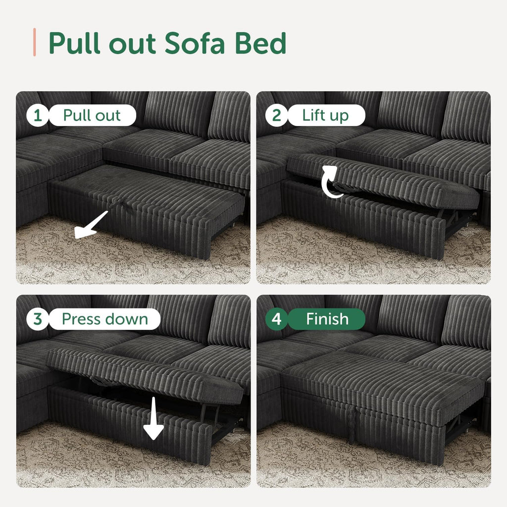 Modular Sectional Sleeper Sofa with Pull Out Bed,Corduroy L Shaped Couch with Storage, Sectional Couches ,Dark Grey