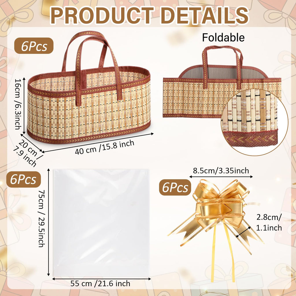 6 Sets Empty Gift Baskets to Fill Large Bamboo Woven Baskets with Handles 15.8 x 7.9 x 6.3 inch Includes Clear Wrap