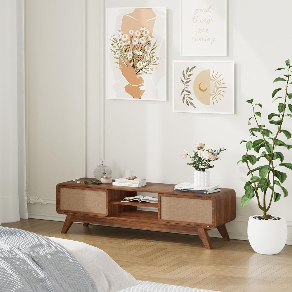 Mid Century Modern TV Stand for TVs up to 65'', Farmhouse Entertainment Center with Storage, TV Cabinet Table with Nature Linen Doors, Media Console TV Consoles for Living Room Bedroom (Walnut)
