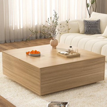 47 Inch Large Square Coffee Table with Storage, Wooden Coffee Table((OAK)